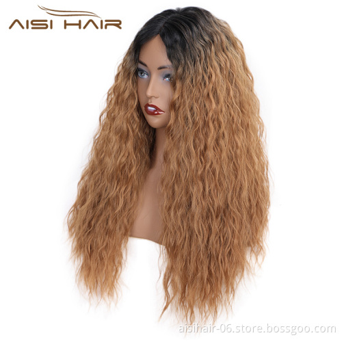 Aisi Hair Heat Resistant Synthetic Fiber Long Wavy Lace Part Wigs Ombre Brown Long Wave Wigs for American African Women